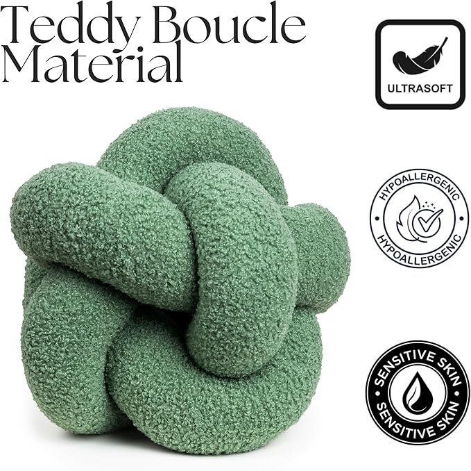 SAMIAH LUXE Sage Green Teddy Boucle Knot Pillow Ball 12", Permanently Stitched Knotted Decorative Throw Pillow, Natural Kapok Fill, Round Accent Pillow for Couch Sofa Bed, Boho Home Decor