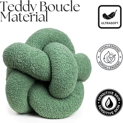 SAMIAH LUXE Sage Green Teddy Boucle Knot Pillow Ball 12", Permanently Stitched Knotted Decorative Throw Pillow, Natural Kapok Fill, Round Accent Pillow for Couch Sofa Bed, Boho Home Decor
