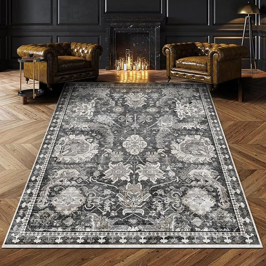 RUGSURE Washable Area Rugs - Perfect for Living Room, Bedroom, Kids Room, Nursery - Stain & Water Resistant Non-Slip, Pet & Child Friendly, Vintage Tribal Area Rugs (Grey, 9' x 12')