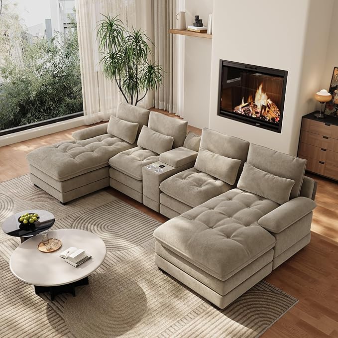 134"U Shaped Sectional Couches for Living Room,Oversized Modular Sectional Fluffy Couch with Chaise Lounge & Tufted Buttons,Modern Chenille 6 Seat Living Room Sofa Set with Storage Console,Camel