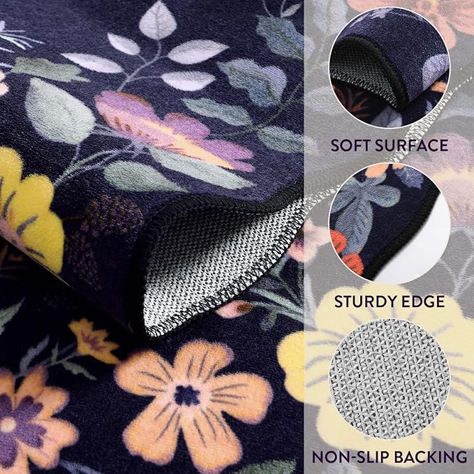 Lahome Floral Entryway Rug, 2X3 Washable Kitchen Rug Non-Slip, Ultra-Thin Soft Door Mat Indoor Entrance Stain Resistant Boho Small Throw Carpet for Bathroom Bedroom Flore (2x3ft,Purple)
