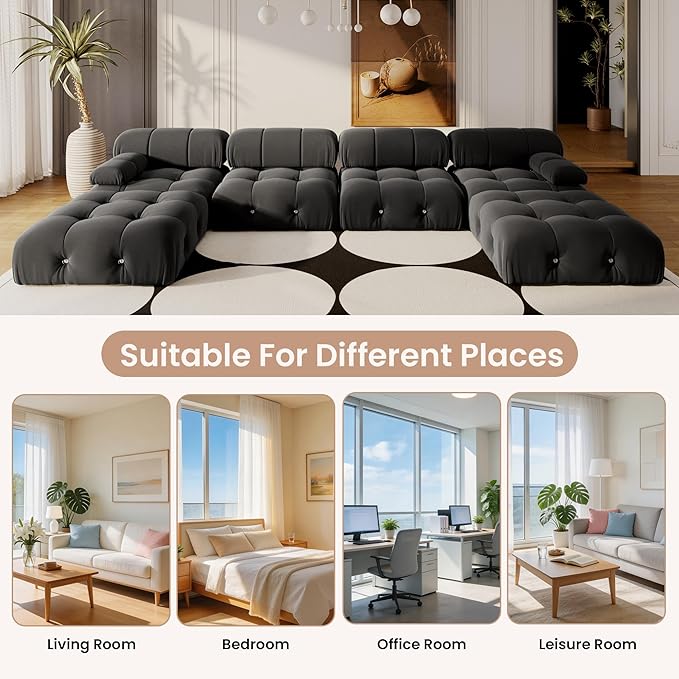 138'' Modular Sectional Couch, U-Shaped Velvet Sofa with Reversible Chaise Ottoman, Minimalist 6-Seat Bubble Sofa, Modern Black Sectional Couches for Living Room, Apartment (6 Seats, Black)