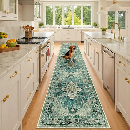 RELEANY Area Rugs 2'x10' Runner Rug Non Slip Washable for Kitchen Hallway Bedroom Beside Laundry Room Bathroom Rug, Floor Carpet, Dark Blue Vintage