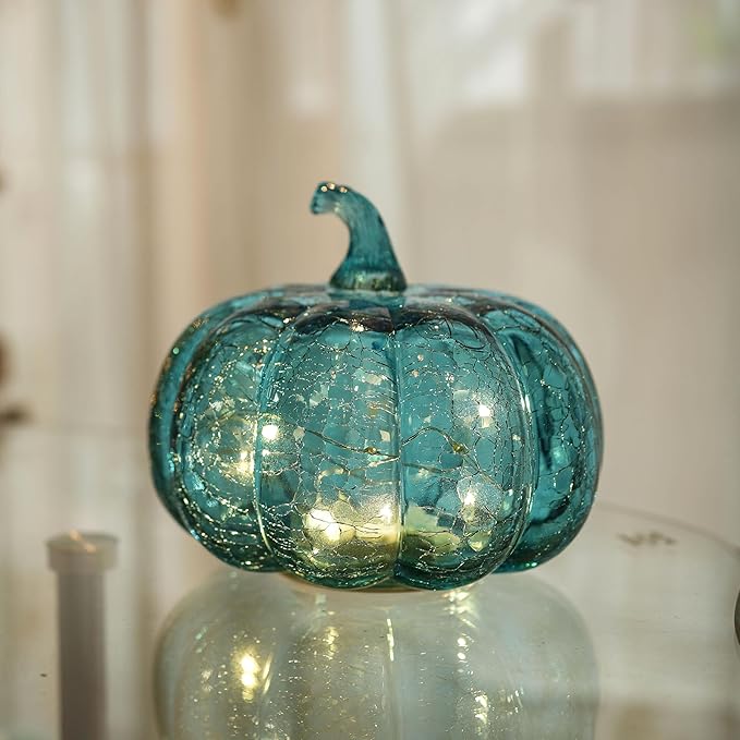 Aqua Blue Crackle Glass Pumpkin Twinkling Light with Timer- Fall Decoration for Home-Lamps for Festive Decoration-Halloween Decorations