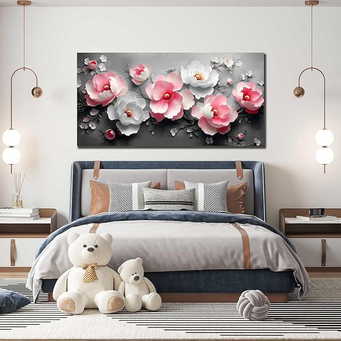 HUBOSKN Flower Canvas Wall Art for Living Room - Pink and White Room Decor for Women - Girls Bedroom Wall Decor Size 29" x 59"
