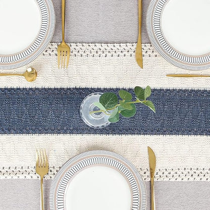 FEXIA Boho Blue Table Runner 72 Inches Long with Tassels Macrame Farmhouse Style Party Rustic Wedding Baby Bridal Shower Dining Decor (12x72 Inches)