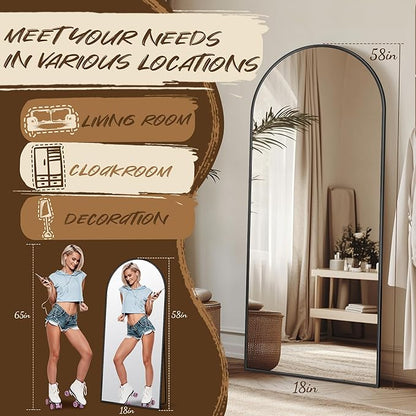 Antok Full Length Floor Mirror Arched Standing Mirror with Aluminum Frame - Freestanding Wall Mount Leaning Body Mirror for Bedroom Living Room Entryway, 58" L x 18" W, Black