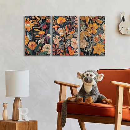 TBKHUDBI Burnt Orange Floral Canvas Wall Art,Mid Century Modern Wall Decor,Boho Terracotta Flower Picture Prints Poster Painting Artwork Set Of 3 For Living Room Bedroom Office 16X24 Framed