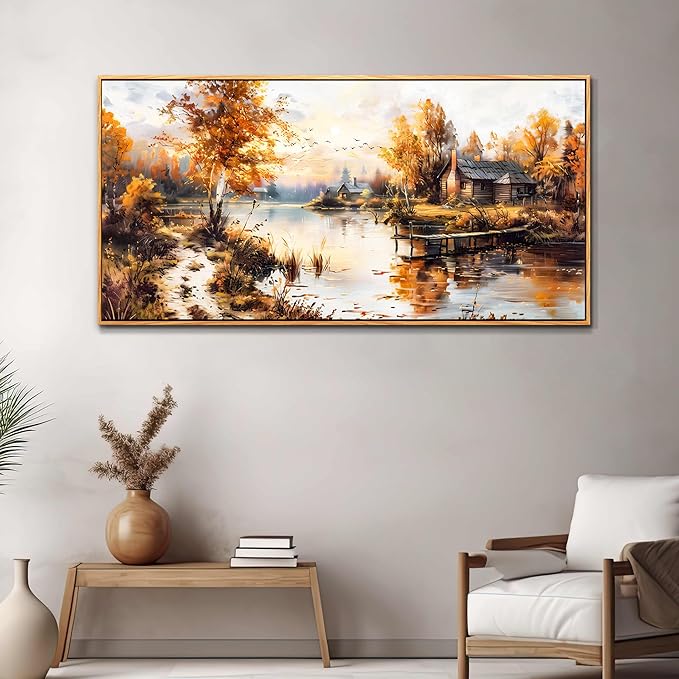 QIYILEXWART Large Wall Decor For Living Room Canvas Wall Art For Office Modern Wall Decorations For Bedroom Lakeside Cabins Autumn Landscape Painting Farmhouse Pictures Artwork Home Decor 24x48