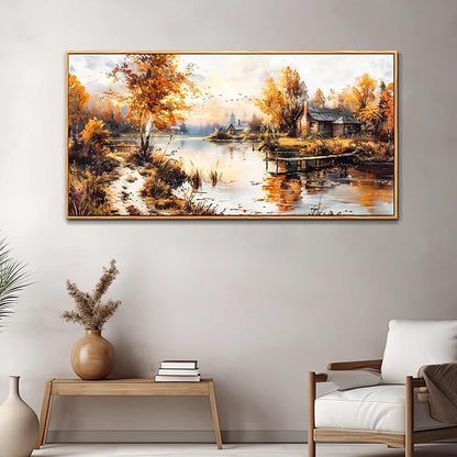 QIYILEXWART Large Wall Decor For Living Room Canvas Wall Art For Office Modern Wall Decorations For Bedroom Lakeside Cabins Autumn Landscape Painting Farmhouse Pictures Artwork Home Decor 24x48