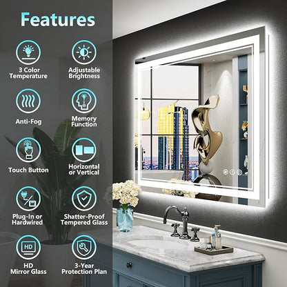 40x36 LED Bathroom Mirror with Lights, Backlit and Front Lit Anti-Fog Lighted Vanity Mirrors for Bathroom Wall, Dimmable, 3-Color Light, Memory, Shatter-Proof, HD Tempered Glass, CRI＞90