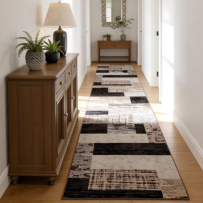 FlyDOIT Modern Geometric Patchwork Runner Rug, 2.7x10 Chocolate Runners for Hallways Non Slip, Washable Indoor Bedside Rugs for Bedroom, Floor Throw Carpet Runner for Entryway kitchen Bathroom Laundry