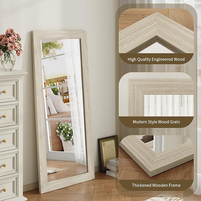 Syndra Modern Full Length Mirror Wood Frame, 56x20'' Large Floor Mirror with HD Tempered Glass & Wall Mount, Rectangular Standing Mirror for Bedroom, Living Room, Entryway, Farmhouse(Grey White Oak)