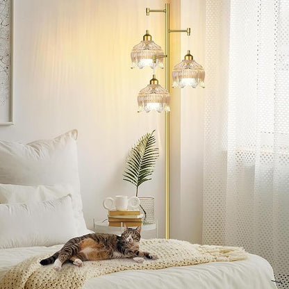 Vintage Floor Lamps for Living Room Bedroom-3 Light Gold Floor Lamp with Glass Lampshape, Flower Tall Lamp Glass Mid Century Standing Lamp Tree Floor Lamp for Living Room Corner