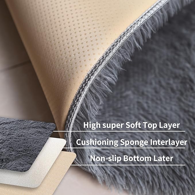 KICHOWUA 4x6 Grey Fluffy Shag Rug for Bedroom, Soft Plush Fuzzy Washable Non Slip Carpet for Living Room, Gray Modern Floor Cozy Furry Shaggy Throw Area Rugs for Kids Boys Baby Nursery Dorm Room