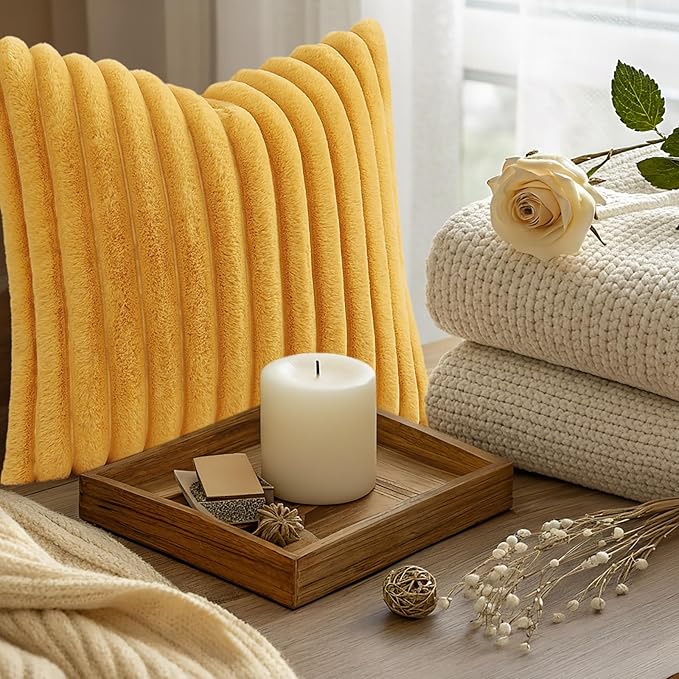 decorUhome Summer Cozy Faux Fur Throw Pillow Covers 26x26 Set of 2 Decorative Plush Striped Modern Farmhouse Boho Couch Euro Sham Pillow Cases with Velvet Back for Sofa Bed Living Room, Mustard Yellow