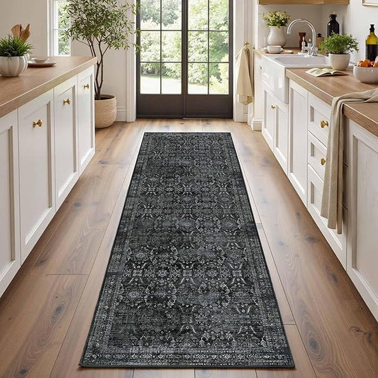 Rugxara 2x6 Runner Rug, Washable Kitchen Rugs, Black Boho Vintage Floral Hallway Runner, Non Slip Low Pile Area Rug Carpet for Indoor Hallway, Kitchen, Laundry Room and Bathroom(Black 2x6ft)