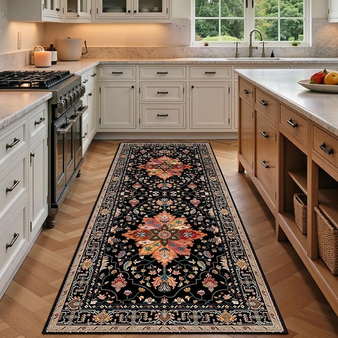 RELEANY Area Rugs 3'x8' Runner Rug Non Slip Washable for Kitchen Hallway Bedroom Beside Laundry Room Bathroom Rug, Floor Carpet, Black Colorful Floral Dark Tan