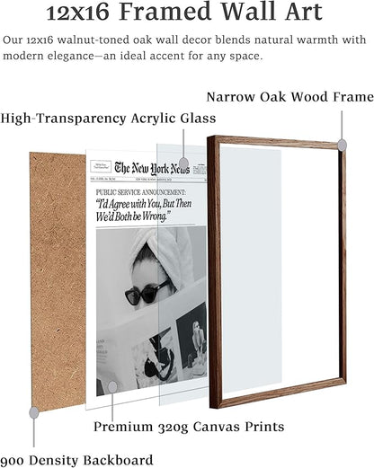 EcoHest Trendy Newspaper Framed Wall Art, 12x16 in OAK Wood Walnut Color Cool Girl Canvas Art, Magazine Bar Cart Print College Dorm Decor, Set of 1 for Bedroom Living Room