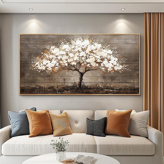 Wapluam Large Framed Wall Art,Tree Of Life Wall Art,Neutral Abstract Canvas Painting Art Prints,Wall Decor For Living Room,Modern Rustic Pictures For Bedroom Bathroom Dining Room Office Decorations