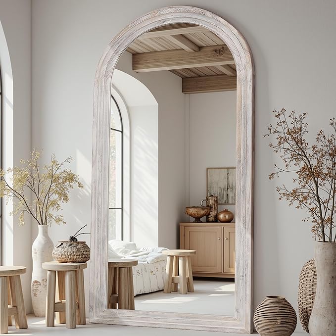 Full Length Mirror, 81"x41" Wooden Mirror Full Length with Stand Wood Floor Mirror, Oversized Stand Up Mirrors Large Wall Mirrors, Wall Mounted Mirrors, Arched Wood Style, White