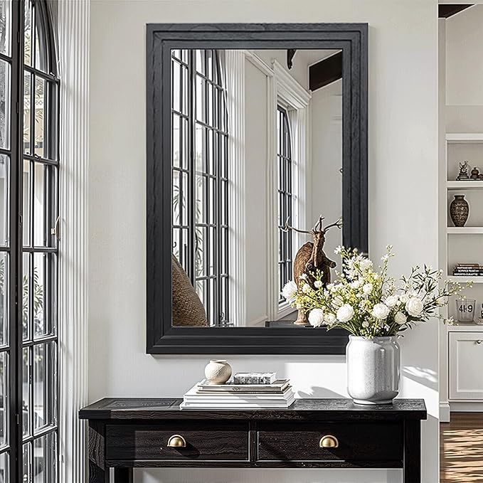 Wood Framed Mirrors for Wall, Black Bathroom Vanity Mirror for Over Sink 26 x 38, Vintage Wall Mirror for Bathroom Sink Hallway Entryway Bedroom Living Room Farmhouse Boho Style