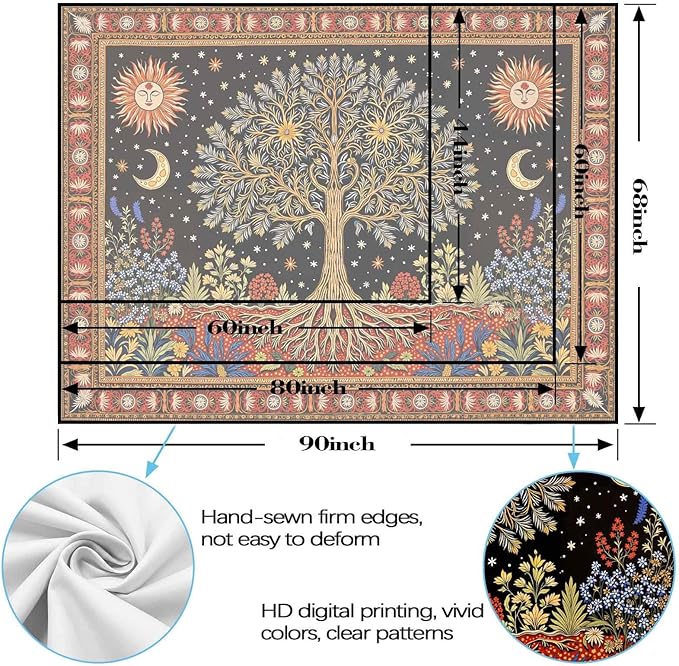 Lunerfex Tree of Life Wall Tapestry - Celestial Sun & Moon Wall Hanging for Bedroom and Living Room Decor - Boho Starry Night Tapestries 60"x44"
