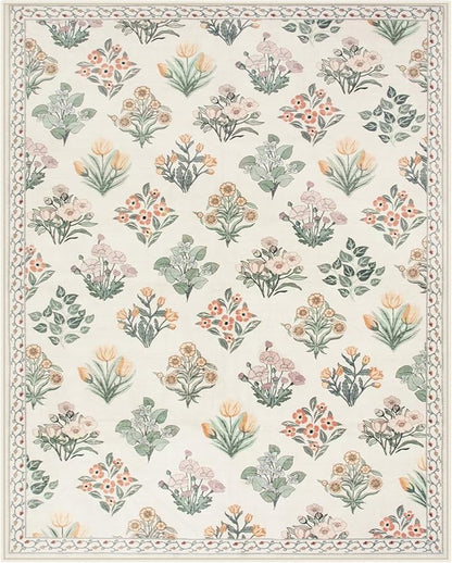 Wonnitar Floral Washable 8x10 Area Rugs, Soft Large Rugs for Living Room, 8 x 10 Low Pile Non Slip Moroccan Bedroom Carpets for Nursery Kids Room Decor Dining Room, Cream Beige