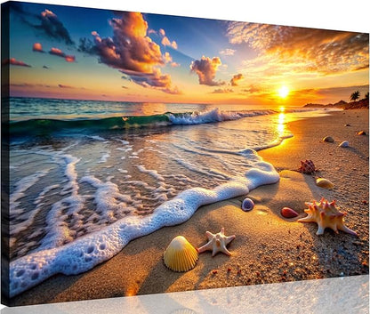 TutuBeer 1 Panel Beach Picture Beach Wall Art Blue Sea Sunset with Starfish Ocean Canvas Painting Sea Artwork for Walls Seascape the Pictures for Home Decor Wall Decor Ready to Hang 12x18inch