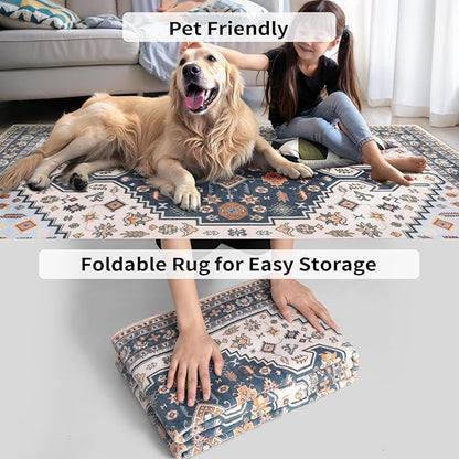 Tangsoo Vintage 2x3 Entry Washable Rug for Entryway,Indoor Door Rug Small Throw Mat Blue Beige Low Pile Soft Entryway Carpet for Front Porch Entrance Kitchen