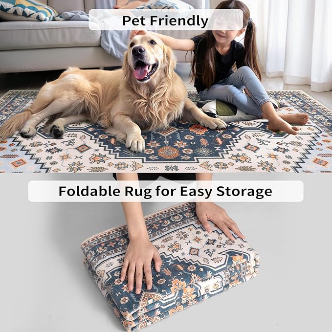 Tangsoo Vintage 2x6 Washable Runner Rug for Hallways,Boho Runner Mat,Blue Beige Low Pile Long Rug Runner Carpet for Kitchen Bedroom Entryway Laundry