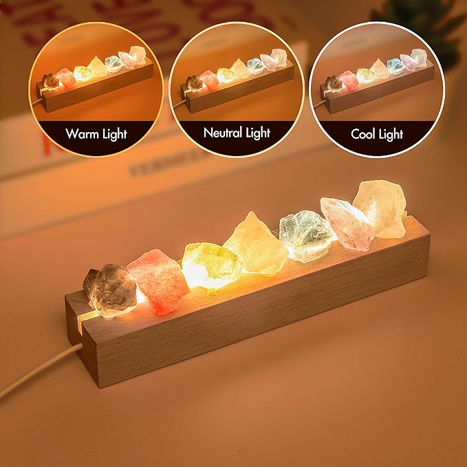 Healing Crystal Night Light,7 Chakra Stones Bedside Lamp,Mood Light with Wooden LED Light Base,Healing Stones Positive Energy Night Light for Home Decor Gifts (Plug-in)