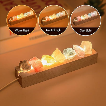 Healing Crystal Night Light,7 Chakra Stones Bedside Lamp,Mood Light with Wooden LED Light Base,Healing Stones Positive Energy Night Light for Home Decor Gifts (Plug-in)