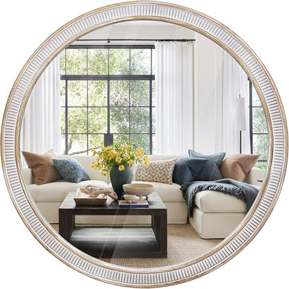 HOITUZYUS 36 Inch Round Wood Mirrors for Wall Decor, Rustic Farmhouse Circle Decorative Mirror for Bathroom, Living Room, Foyer, Entryway, Bedroom