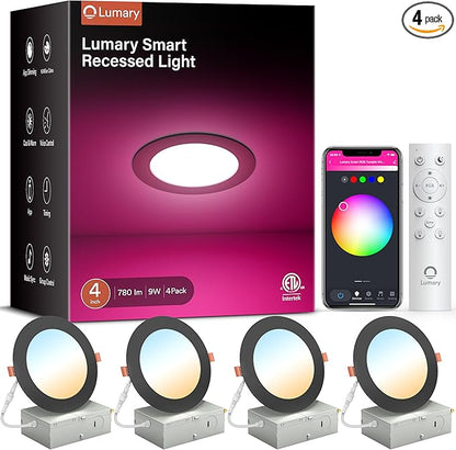 Lumary Black Smart Recessed Lighting 4 Inch, 9W 780LM Color Changing LED Downlight with J-Box, Dimmable Canless Wafer Light, Compatible with Alexa/Google Assistant/BT Remote, ETL Listed, 4 Pack
