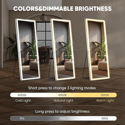 DUMOS LED Full Length Mirror, 26"×70" Full Body Floor Standing Mirror with 3 Color Lights & Wall Mounted for Bedroom, Dressing Room, Living Room, Bathroom