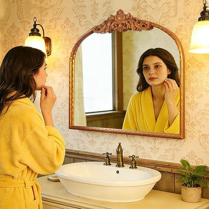 Antique Arched Gold Mirror 32"x24" - Vintage Baroque Wall Mirrors for Bathroom, Living Room, Entryway - Large Gleaming Gold Frame, French Ornate Mirror for Bedroom, Fireplace, Hallway,Dresser