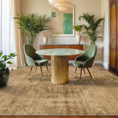 Hazo Haus Vintage Dark Gold Rugs for Living Room - 6x9 Distressed Print Pattern Large Area Rug for Bedroom, Dining Room Under Table, Thin & Soft Washable Brown and Yellow