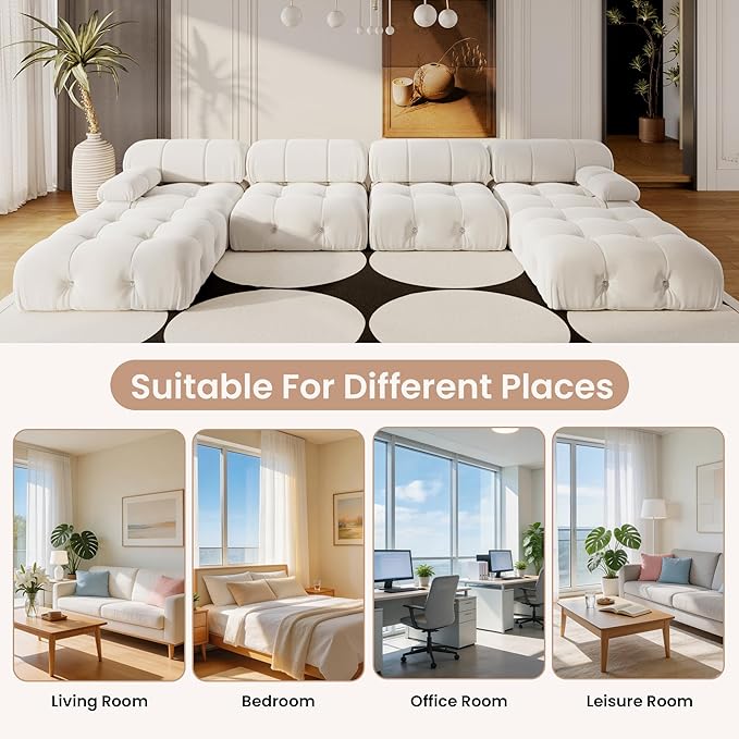 138'' Modular Sectional Couch, U-Shaped Velvet Sofa with Reversible Chaise Ottoman, Minimalist 6-Seat Bubble Sofa, Modern Cloud Sectional Couches for Living Room, Apartment (6 Seats, Beige)