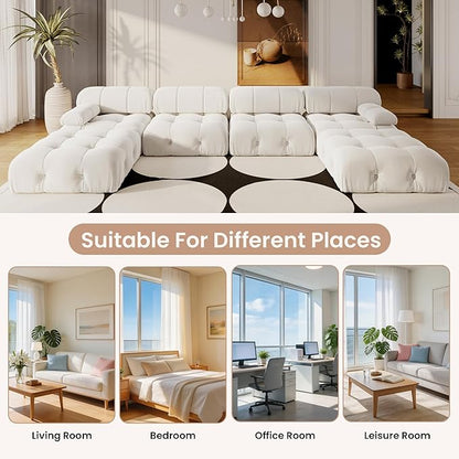 138'' Modular Sectional Couch, U-Shaped Velvet Sofa with Reversible Chaise Ottoman, Minimalist 6-Seat Bubble Sofa, Modern Cloud Sectional Couches for Living Room, Apartment (6 Seats, Beige)