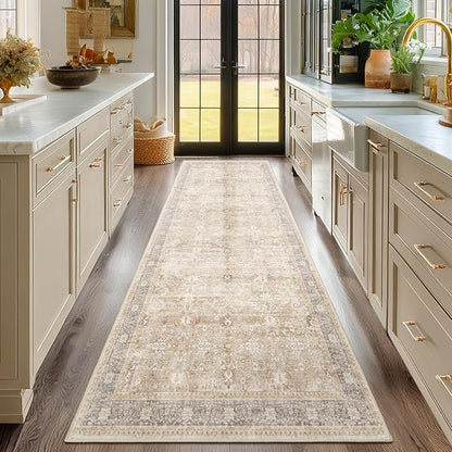 Earth Tone 3x8 Hallway Runner Rug, Kitchen Runners Non Skid Washable 8 ft, Washable Non Slip Ultra Thin Carpet Runner for Entryway Corridor Mudroom Bathroom, Vintage Farmhouse Beige Taupe