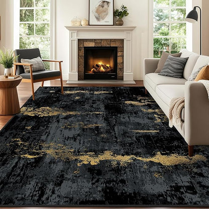 RELEANY Washable Area Rugs 6'x8' Non-Slip Modern Abstract Soft for Living Room Entryway Bedroom Nursery, Print Pattern, Dark Black Gold