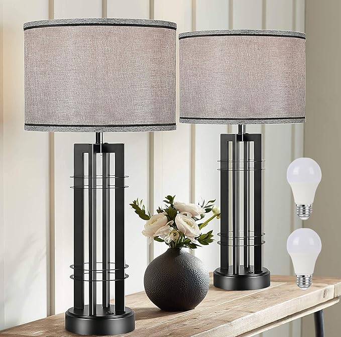 27in Tall Table Lamps for Living Room Button Control Farmhouse Rustic Table Lamps Set of 2 SideTable Lamps Black&Grey Bedroom Lamps for Bedside Nightstand End Table 2025 New