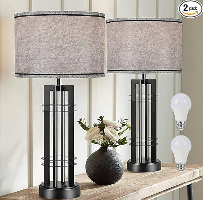 27in Tall Table Lamps for Living Room Button Control Farmhouse Rustic Table Lamps Set of 2 SideTable Lamps Black&Grey Bedroom Lamps for Bedside Nightstand End Table 2025 New
