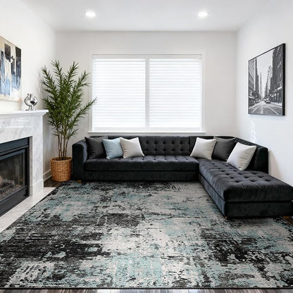 RELEANY Washable Area Rugs 10'x14 Non-Slip Modern Abstract Soft for Living Room Entryway Bedroom Nursery, Print Pattern, Blue Black Teal