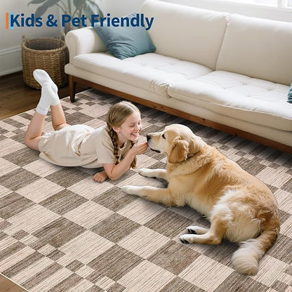 GarveeHome Brown Checkered Rug 2x3 Washable Rug Non-Slip for Entryway, Geometric Tan Brown Print Soft Low-Pile Small Area Rugs,Beige Neutral Modern Geometric Rugs for Kitchen