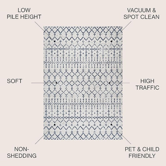 JONATHAN Y Boho Vintage Diamond Cream/Navy Indoor Area Rug 4X6 ft, Moroccan Hype for Living Room, Bedroom, Kitchen, Office, Easy-Cleaning, High Traffic, Pet-Friendly, Non-Shedding (MOH101F-4)