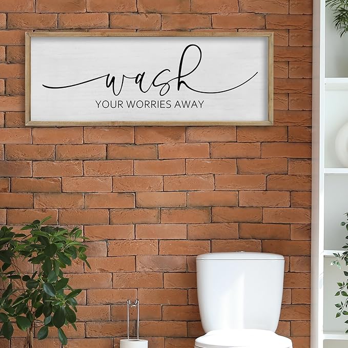FZMHASLWW Funny Laundry Room Bathroom Wall Decor Wash Your Worries Away Sign 40"×15" Inspirational Quote Art for above the Bathtub Restroom Large Minimalist Wood Framed Hanging Plaqu (Wood)