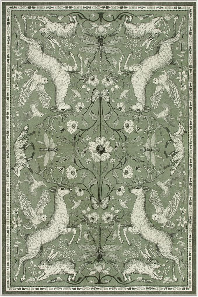 Lahome Dorval 6x9 Washable Deer Rug, Boho Woodland Nature Area Rug, Non Slip Low Pile Soft Green Carpet for Living Room Dining Room Bedroom Office Nursery Cottagecore Decor