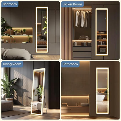 DUMOS 16"×60" LED Full Length Mirror with Lights, Lighted Floor Full Body Mirror with 3 Color Lighting, Wall Mounted Stand Mirror for Bedroom, Dressing Room, Living Room, Bathroom